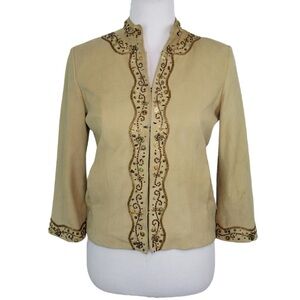 COLE HAAN Tan Suede Beaded Cropped Jacket 3/4 Sleeve Women’s Size Small